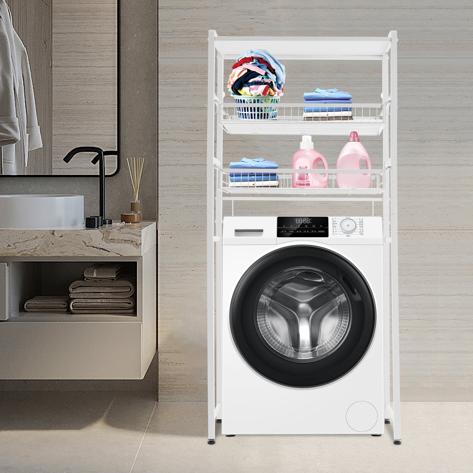 White Washer Dryer Stacking Rack Stand, Dryer Storage Shelf with 3 Tiered Shelf, Space Saver Shelving Units Freestanding Closet Organizer Storage with Hooks