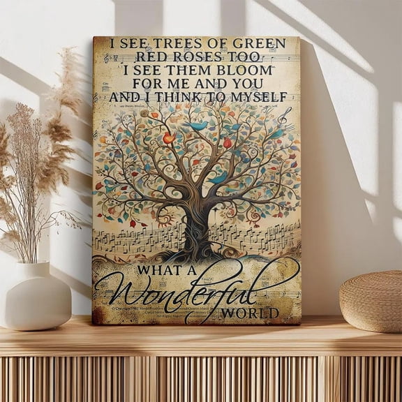 What A Wonderful World Wall Art, Vintage Music Sheet Tree With Lyrics, Inspirational Quote Poster, Louis Armstrong Song Decor Home Decor, 8x12 UNFRAMED