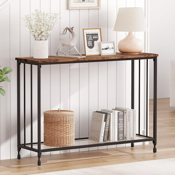 M optimized Console Table, Sofa Tables Narrow Entryway Table with Glass Shelf and Metal Frame, 41.3"x11.8"x31.8" Behind Couch Table Industrial Hallway Table for Living Room, Foyer, Bedroom