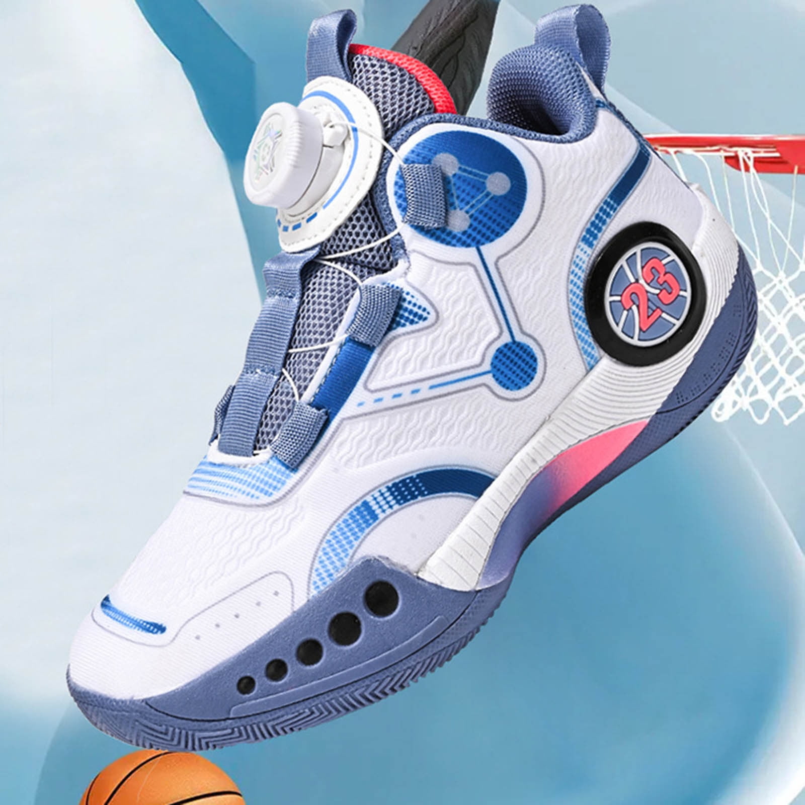 ZHOGXU Children Boys Sneakers Breathable Lightweight New Mesh Rotating Button Medium And Large Sports Shoes,Blue,7-8 Years
