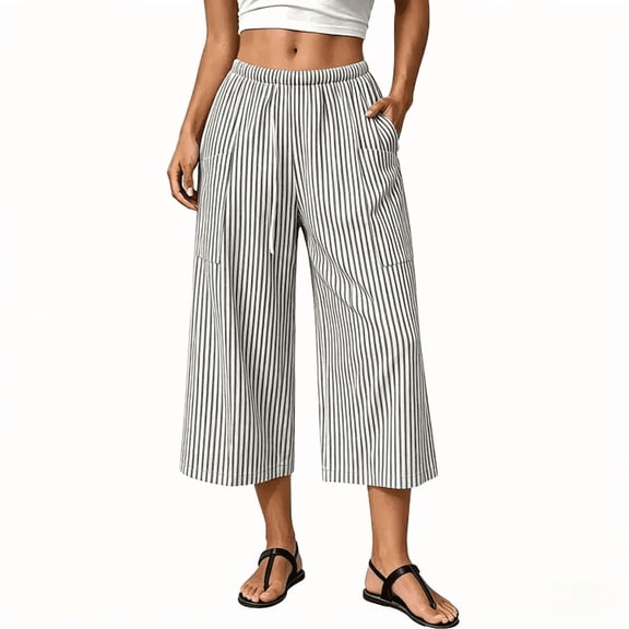 DHFJKG Wide Leg Pants Women Striped Capri Pants Lightweight Summer Casual Elastic Waist Loose Fit Beach Vacation Trendy Trousers