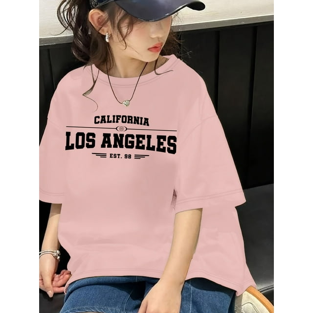 T-shirt d'Été Décontracté pour Filles - "LOS ANGELES, CALIFORNIA" Imprimé à Manches Courtes, Coupe Décontractée en Mélange de Coton Doux, Lavable en Machine, T-Shirt Décontracté pour Filles/coupe Décontractée/haut avec Appliqué, Chemises