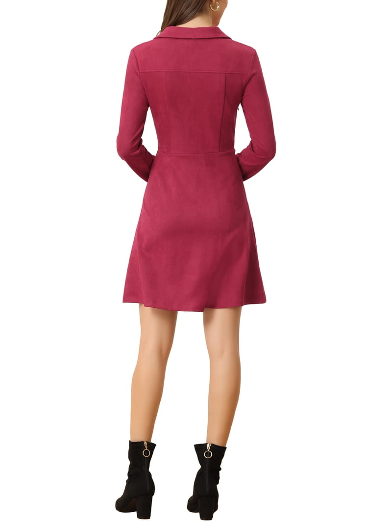 INSPIRE CHIC Women's Faux Suede Lapel Neck Long Sleeve A-Line Dress S Purple