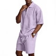 thumbnail image 2 of Homeyce Outfits for Men 2 Piece Set Casual Short Sleeve 1/4 Button Golf Polo Shirts and Waffle Knit Shorts Set with Pockets Summer Vacation Sets,Purple 2XL, 2 of 5