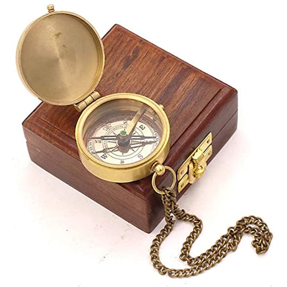 Roorkee Instruments India Brass Engraved Yellow Color Compass with Wooden Box
