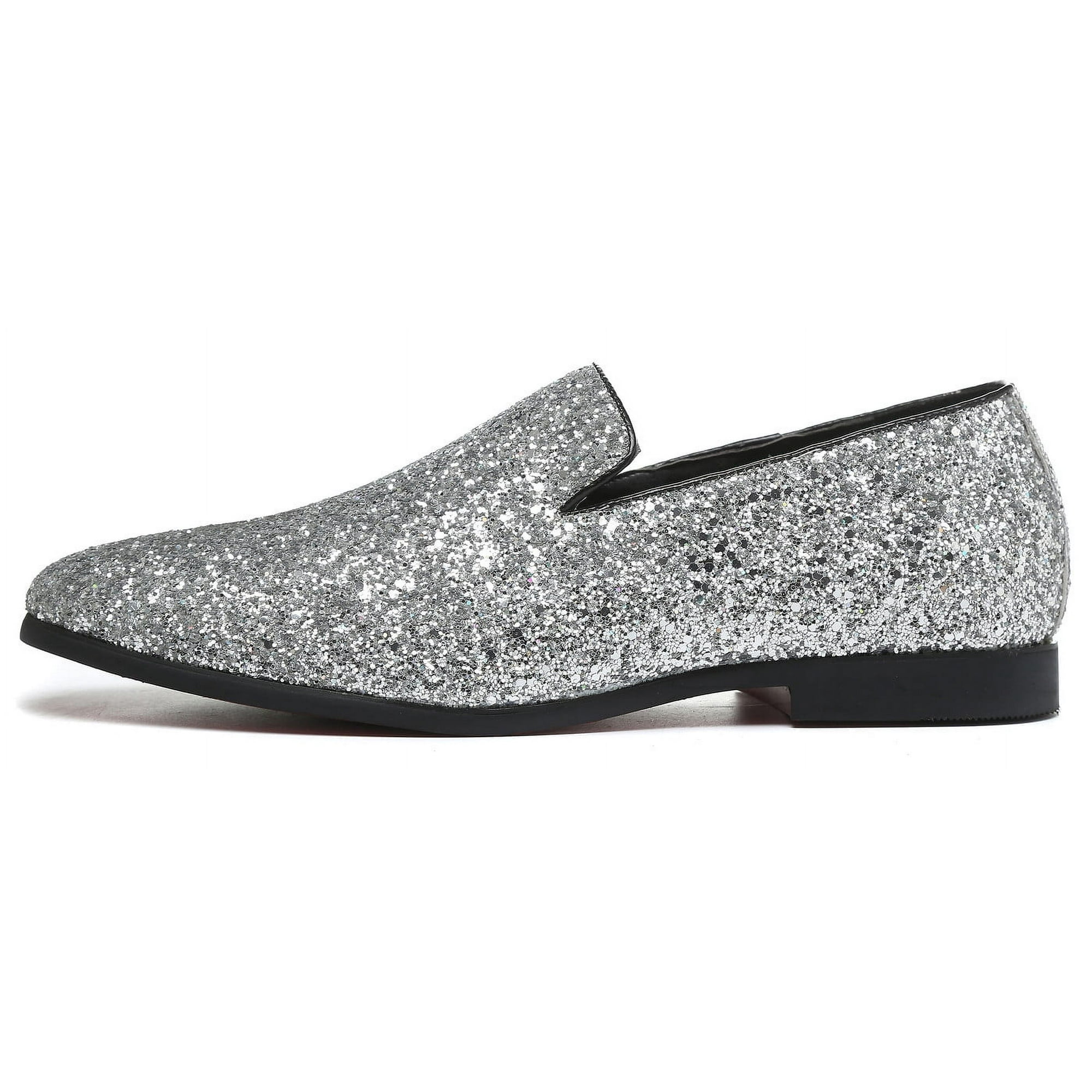 Santimon Mens Metallic Paillette Loafers Slip on Glitter Moccasins Dress Shoes Leather Shoes Silver 5.5 US