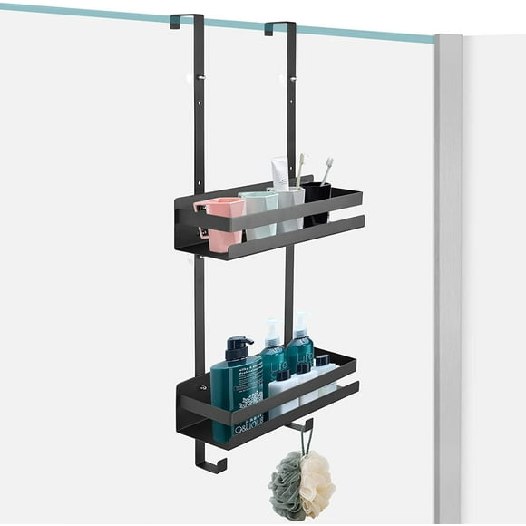 shiyou-Over The Door Shower Caddy Bathroom Hanging Shower Caddy Carbon Steel Shower Organizer Shelves Basket with 2 Hooks for Dorm, Bath, No Drilling 2 Tier Shower Hanging Organizer Rack