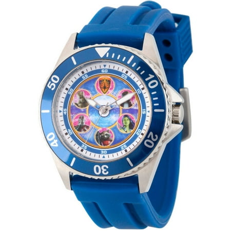 Guardians of the Galaxy Men's Honor Silver Stainless Steel Watch, Blue Bezel, Blue Rubber Strap