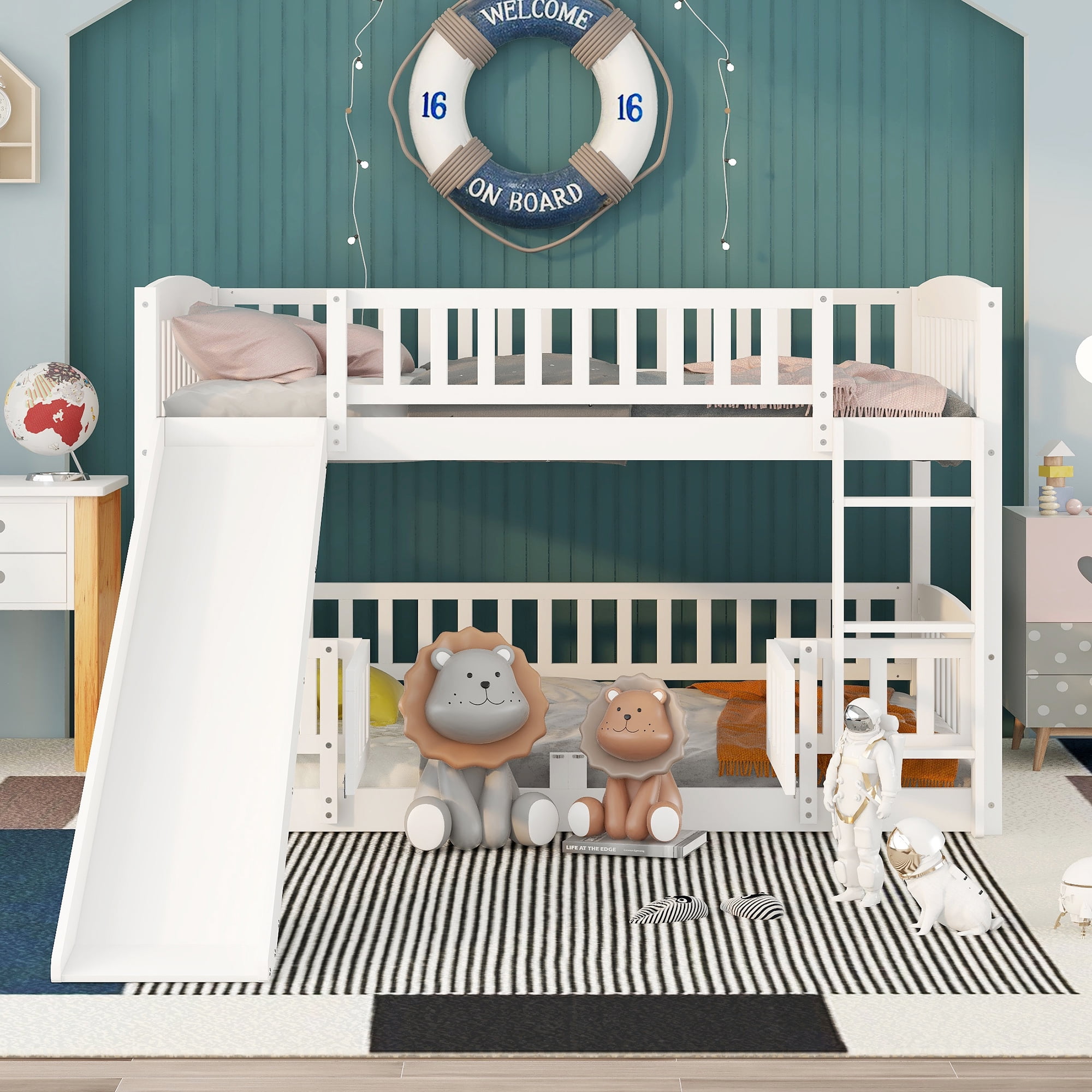 Bellemave Low Bunk Bed with Slide, Wood Full Over Full Bunk Beds with