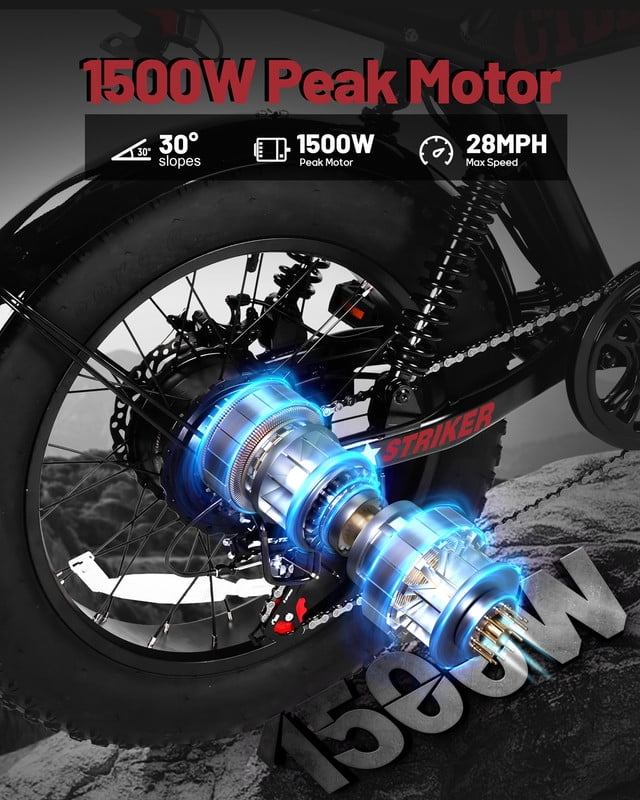 Electric Bike for Adults, Peak 1500W 28 MPH Fat Tire All-Terrain Electric Motorcycle, Full Suspension Mountain Electric Dirt Bike for Men/ Women Black & Red