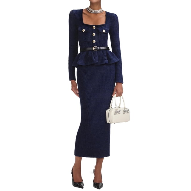 Vestido largo ajustado Tsukko de manga larga en tweed con volantes azules