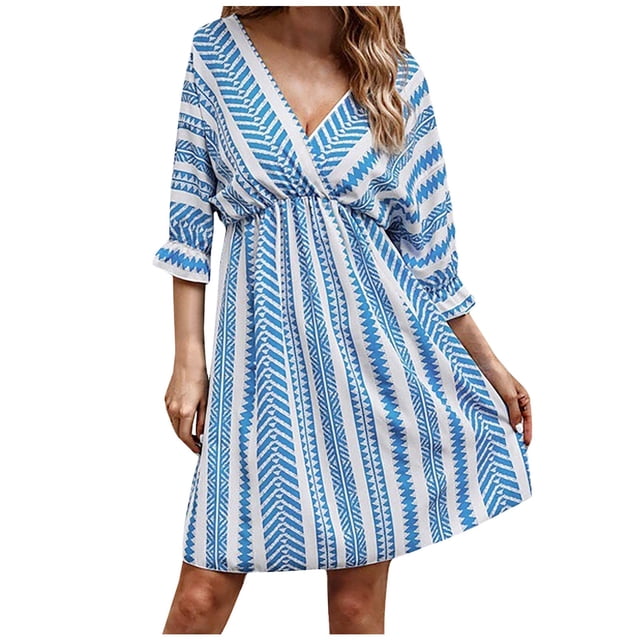 Robe Droite Imprimé Tribal Boho pour Femmes Manches Courtes Col en V Dos Noué Été Automne Plage Décontractée Robes d'Été Femmes