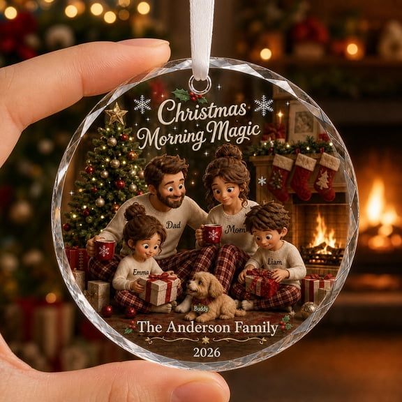 Personalized Christmas Ornament Glass Family Christmas Morning Scene Hanging Keepsake for Families
