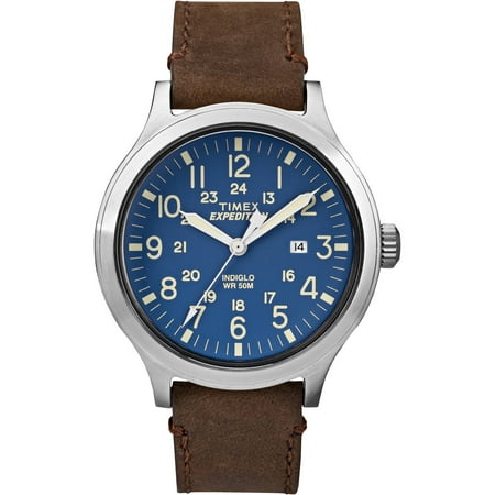 Timex Men's Expedition Scout 43 Blue Dial Watch, Brown Leather Strap
