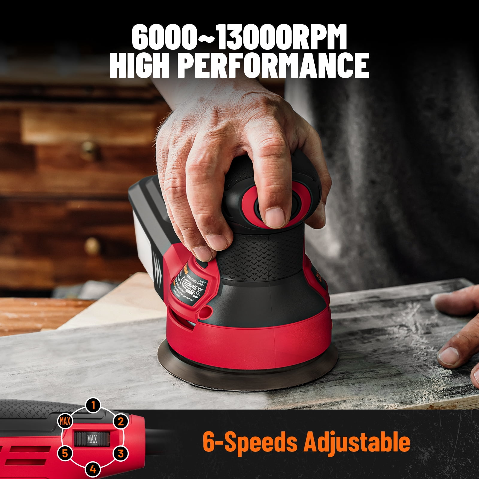 DOVAMAN 3A Orbital Sander, 6-Speed Random Orbit Sander, 13000 RPM, 5" Sanding Pad, Dust Collection, 12 Sandpapers Included, Ideal for Woodworking - ROS01A