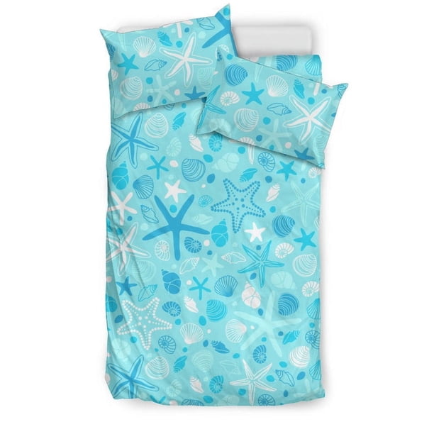 Juego de cama con estampado de estrellas de mar y conchas azules