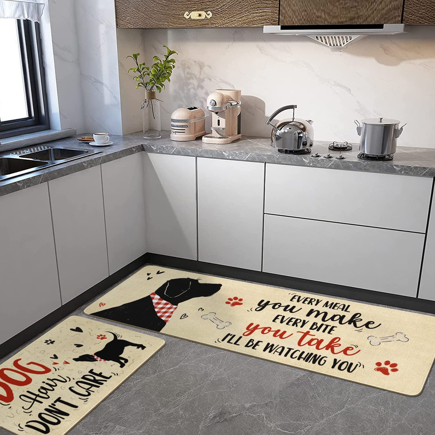 Cute Kitchen Mat Set of 2,Funny Dog Kitchen Rugs and Mats Non Skid Washable,Cute Kitchen Decor Accessories Dogs Lover Owners Housewarming Gifts,I''ll Be Watching You (17"x47"+17"x30")