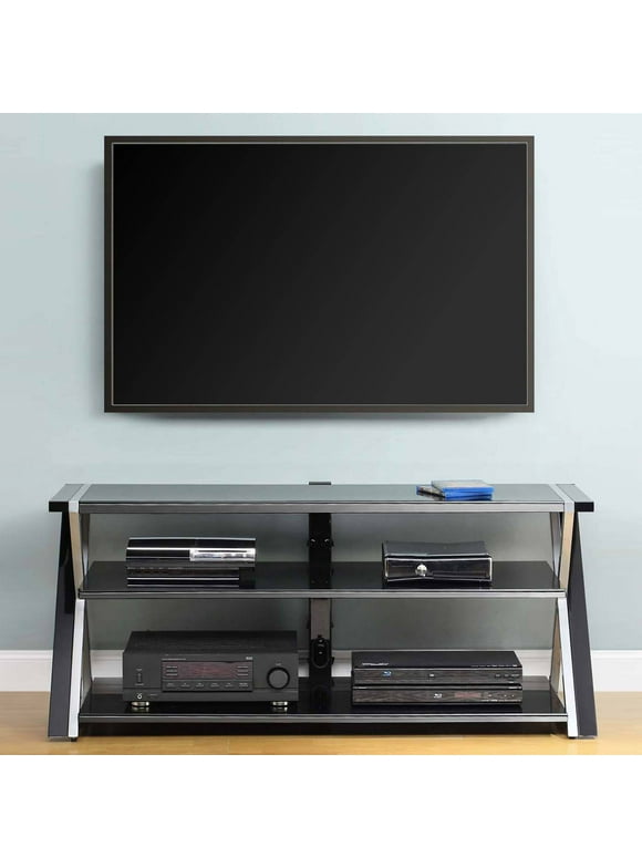 Whalen Furniture Black TV Stand for 60" Flat Panel TVs with Tempered Glass Shelves
