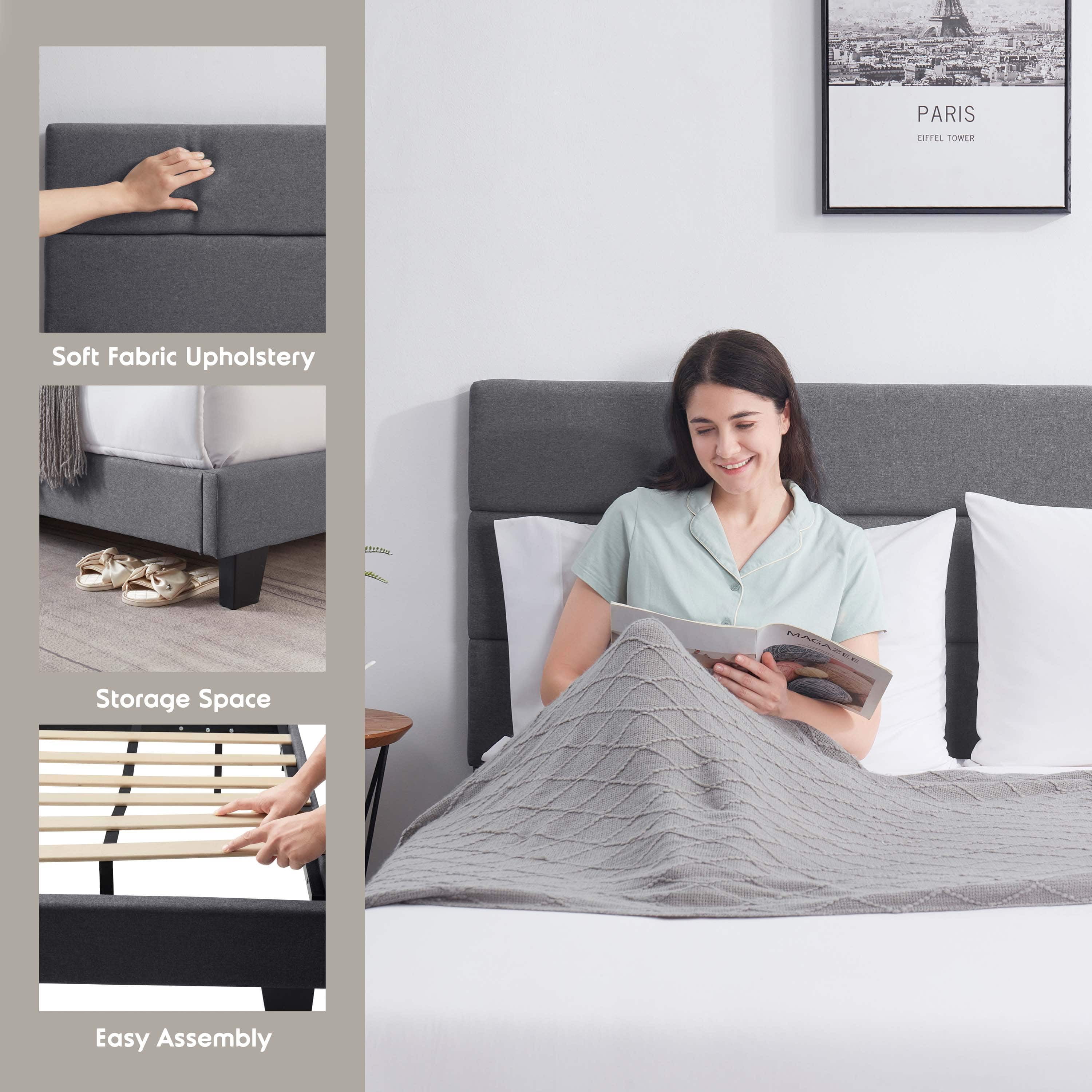 Lammaloe Full Size Platform Bed Frame with Horizontal Channel Upholstered Headboard, Grey, Full