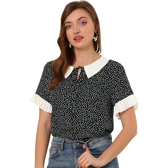 INSPIRE CHIC Blusa de lunares de manga corta con cuello Peter Pan en contraste vintage para mujer Corazón negro L