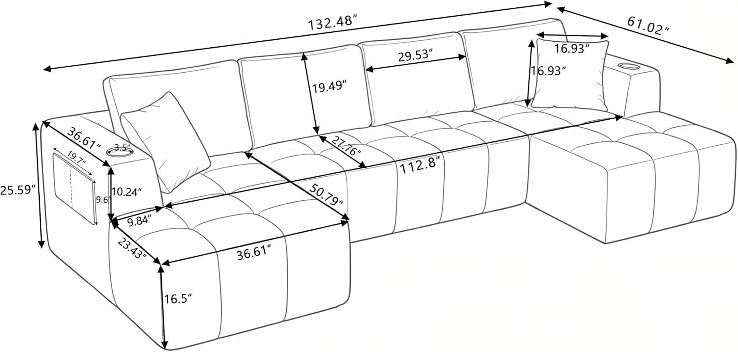 Howcool 132" U-Shaped Modular Cloud Couch, Oversized Deep Seat Chenille Sectional Sofa with Double Chaise, Boneless Comfy Couch with Cup Holders & Side Pockets, No Assembly Required,Beige
