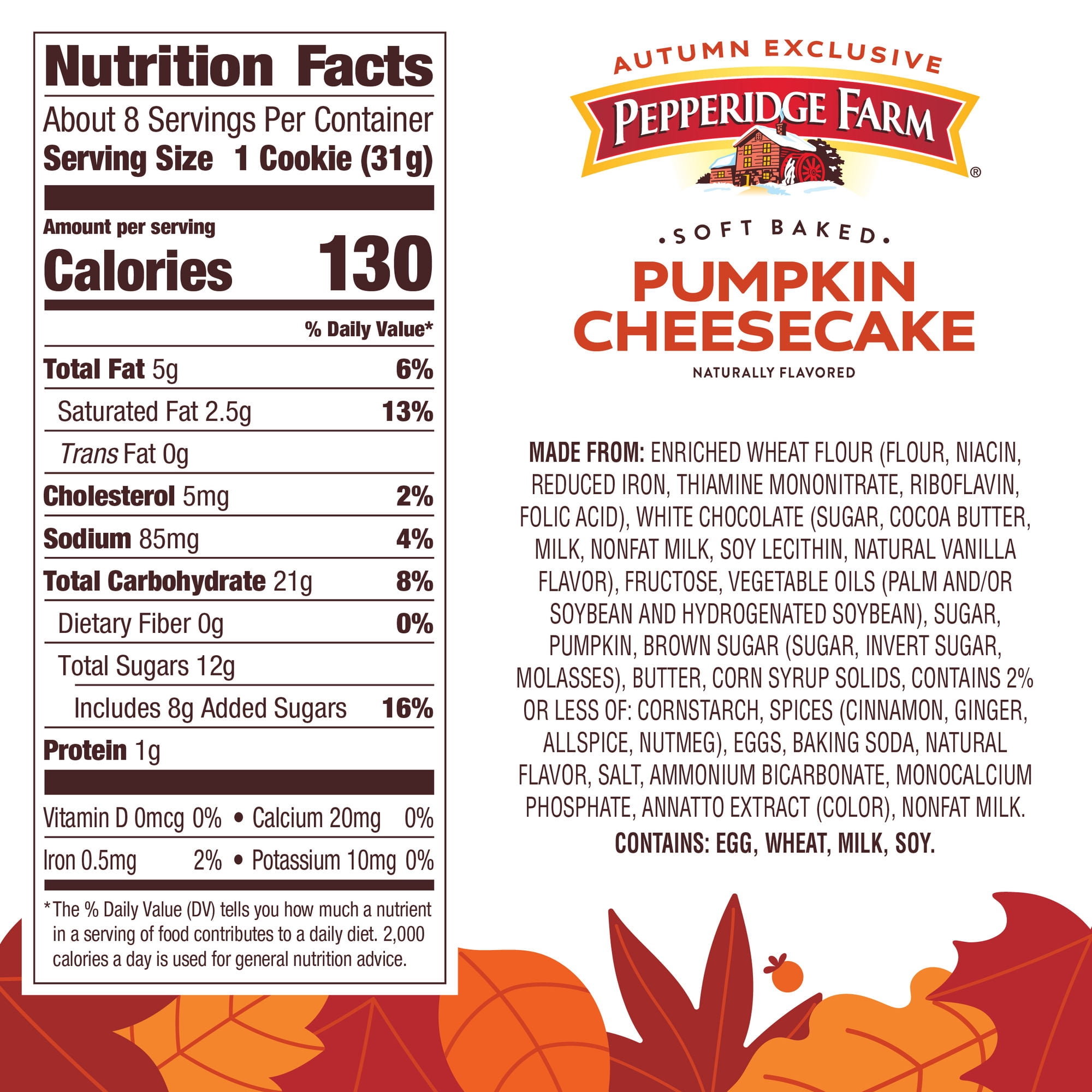Pepperidge Farm Soft Baked Pumpkin Cheesecake Flavored Cookies, 8.6 oz Bag