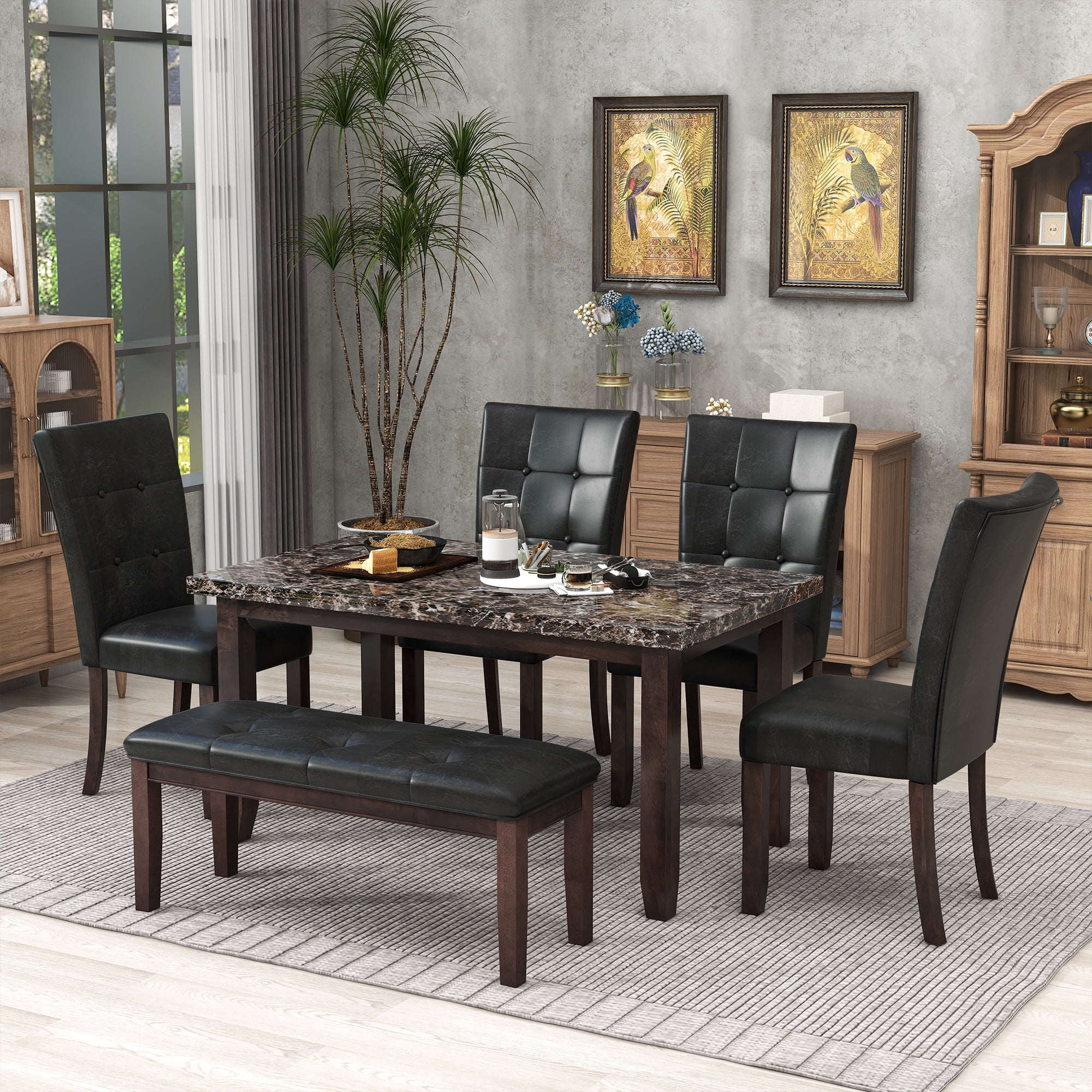 6piece Faux Marble Dining Table Set with one Faux Marble Dining Table