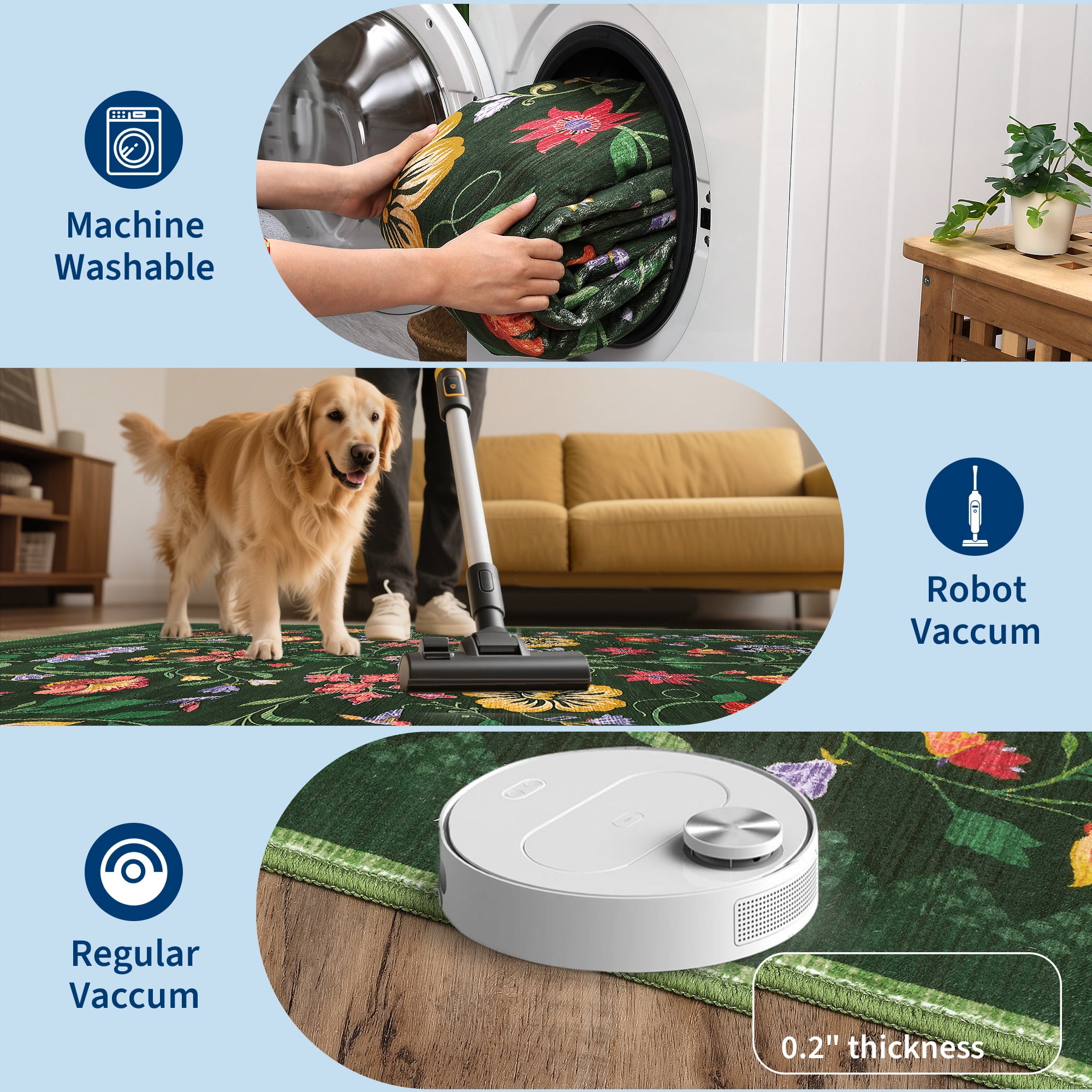 Garvee 5'x7' Floral Printed Area Rug Vintage Soft Rug, Washable Low Pile Rug Stain Resistant Farmhouse Indoor Carpets with Non Slip Backing for Living Room Bedroom Playroom, Green