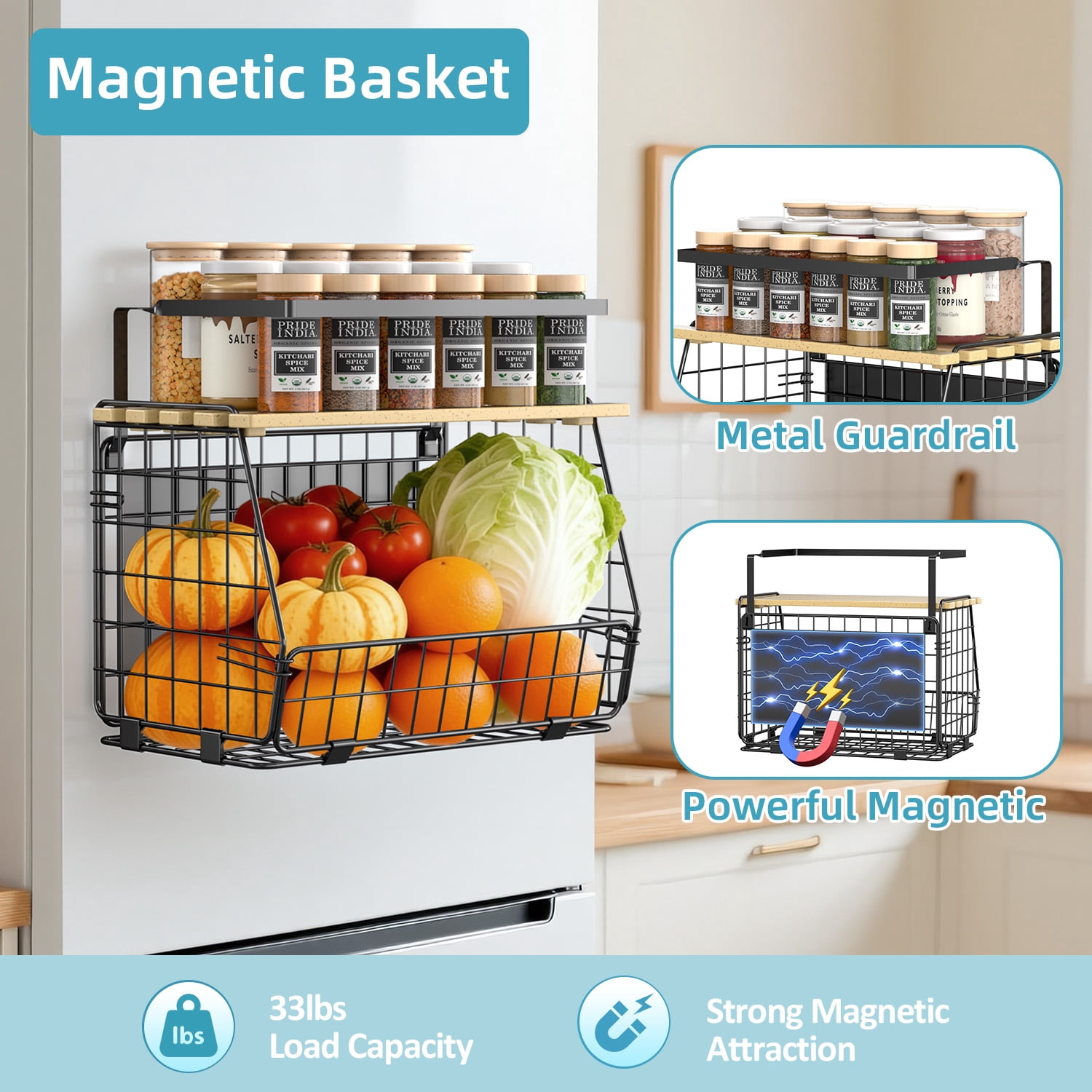 TINANA Magnetic Shelf for Fridge with Lid, 2 Pack Heavy-Duty Refrigerator Organizer, Fruit Potato Onion Storage Bin & Spice Rack for Kitchen, Pantry