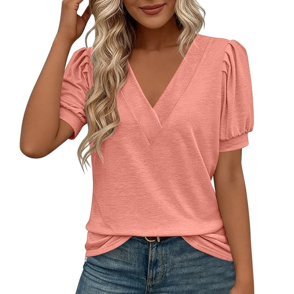 Uootdi Womens T Shirts V Neck Short Sleeve Plain Tunics Casual Loose Breathable Soft Stretchy Everyday Wear Blouses Gift