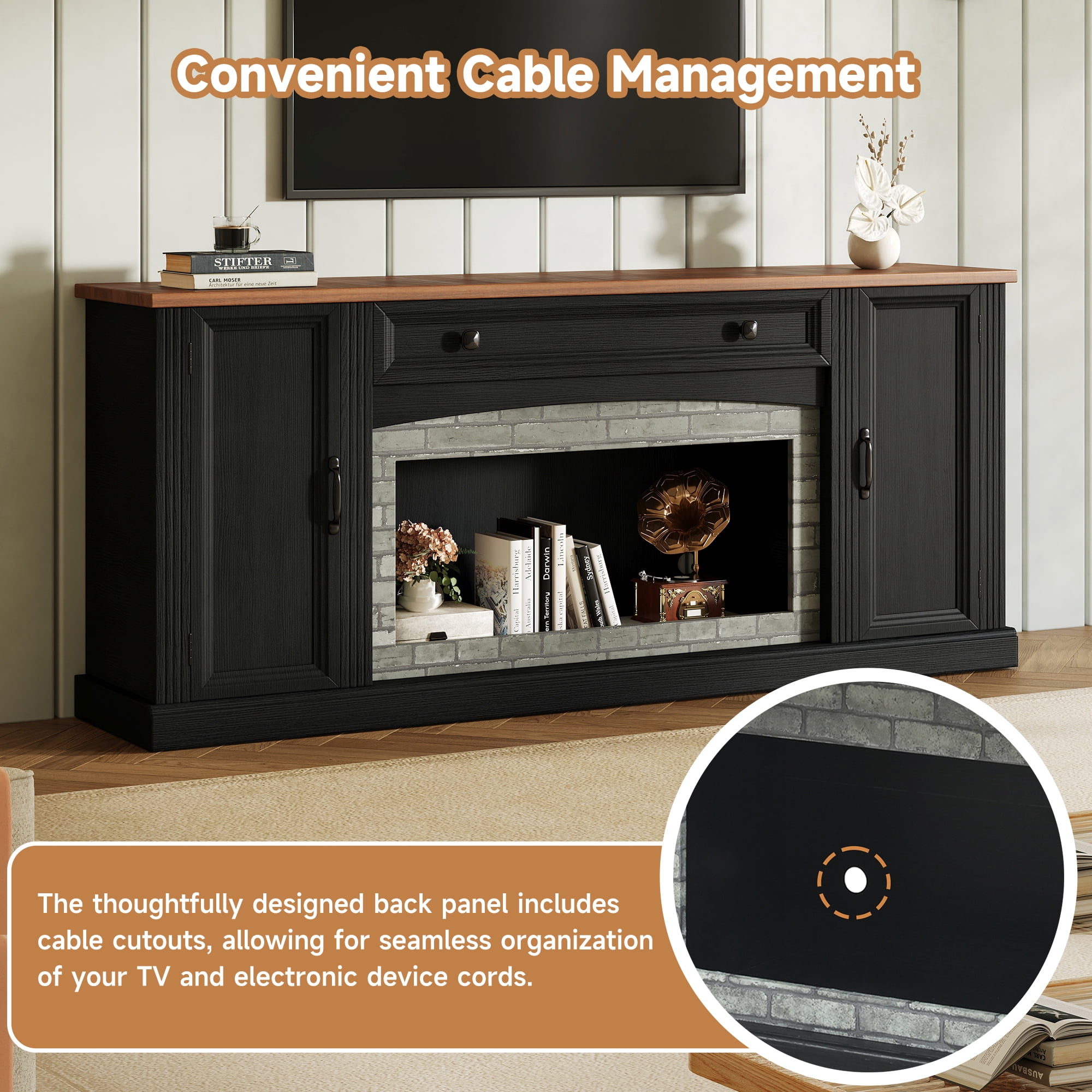 Homy Casa 67" Farmhouse TV Stand for 75" TVs, Media Console with Storage, Black