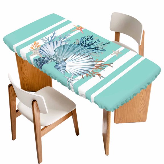 Summer Coastal Table Cloths for 3 Foot Rectangle Tables, Watercolor Shells Coral Starfish Ocean Blue Patio Waterproof Elastic Fitted Tablecloths, Washable Rectangular Table Cover for Camping