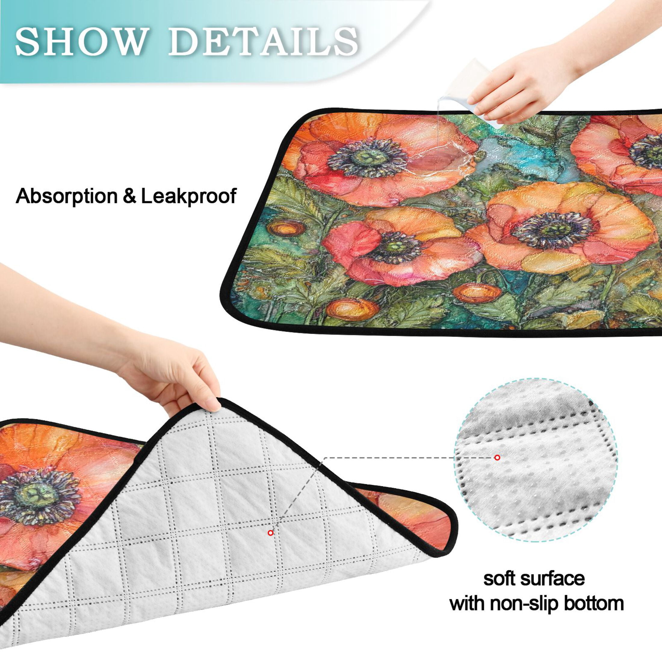 Qxltty Red Poppies Cat litter Pads Pet Set of 3 Diaper Mats Center Anti-leakage Layer Absorbent Soft and Comfortable