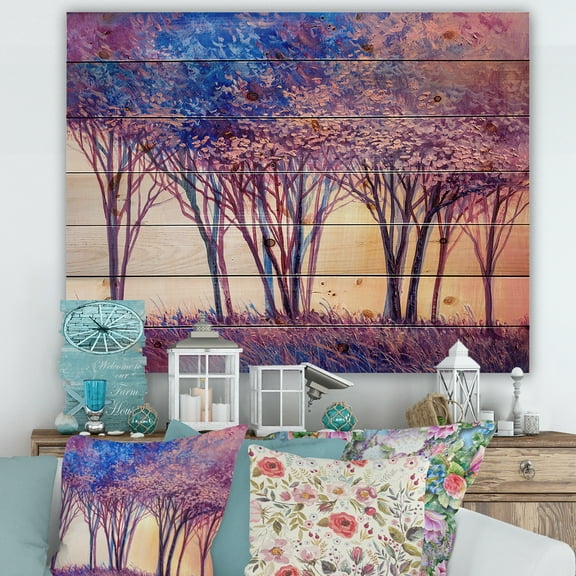 Designart 'Colorful Blue Trees Abstract Forest Landscape' Modern Print on Natural Pine Wood