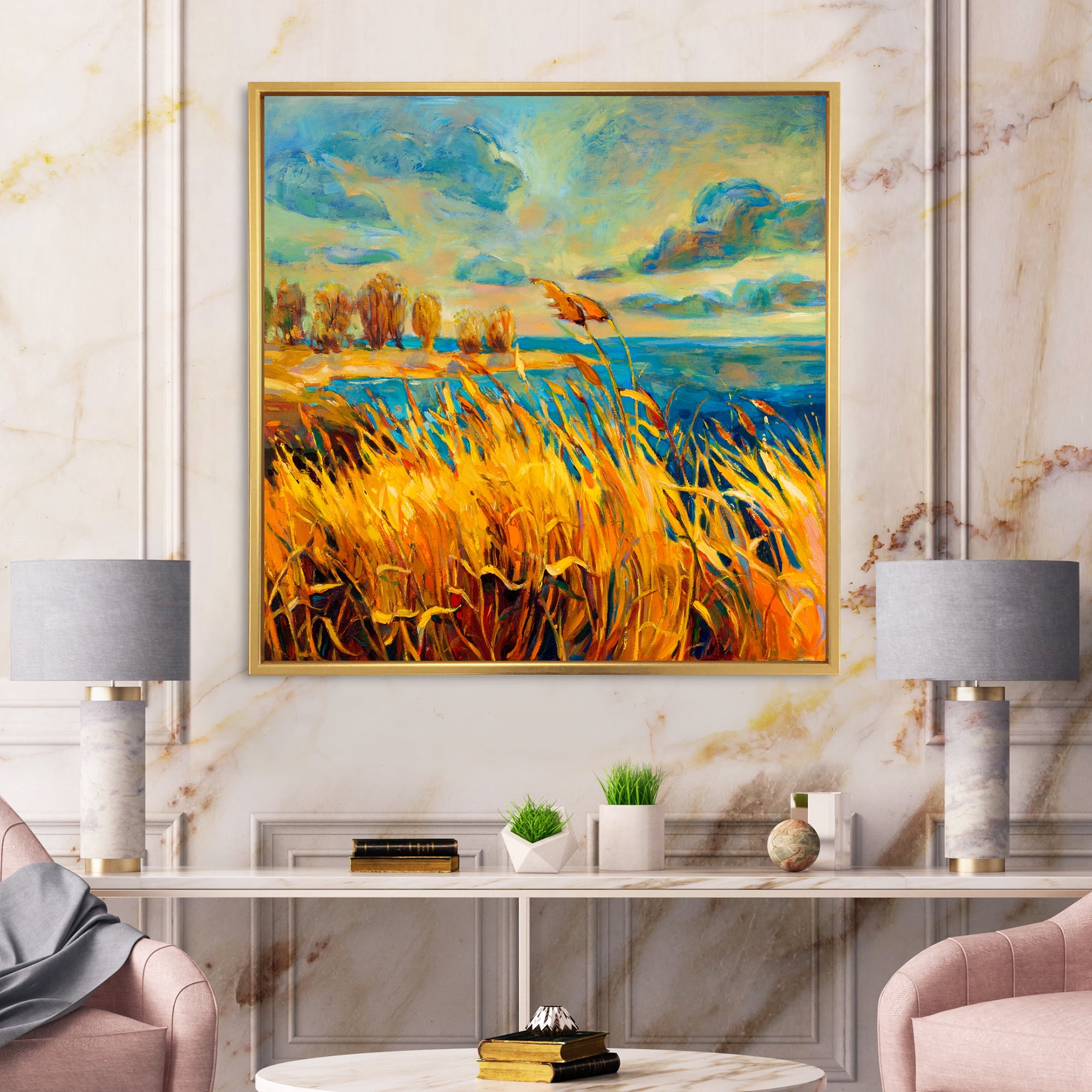 Designart 'Sunset Over Vibrant Lake' Nautical & Coastal Framed Canvas Wall Art Print