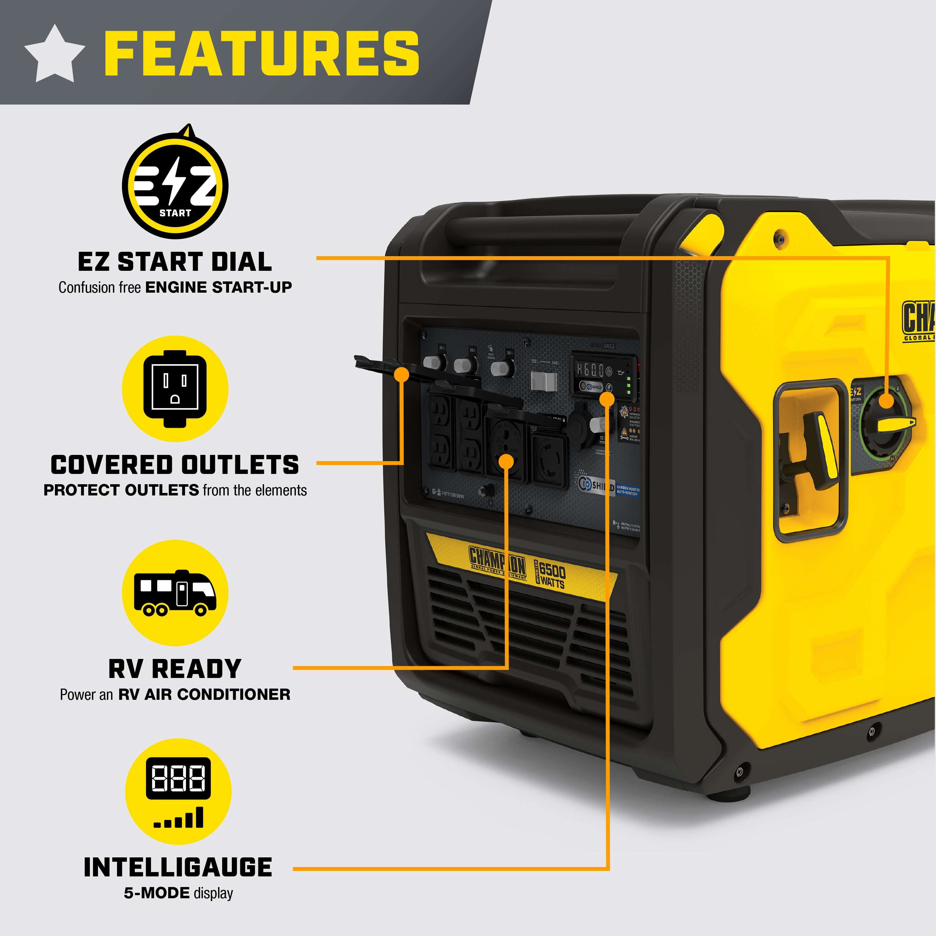 Champion 6500-Watt RV Ready Portable Inverter Generator with Quiet Technology and CO Shield®