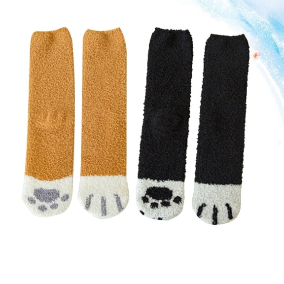 Soimiss Womens Cat Socks Floor Socks Coral Fleece 2 Pair Black