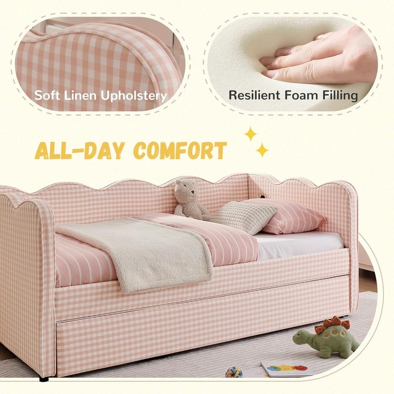 Full Size Upholstery Daybed with Trundle and USB, Full to King Design Wave Shaped Extendable Linen Sofa Bed, No Box Spring Required, for Living Room and Bedroom