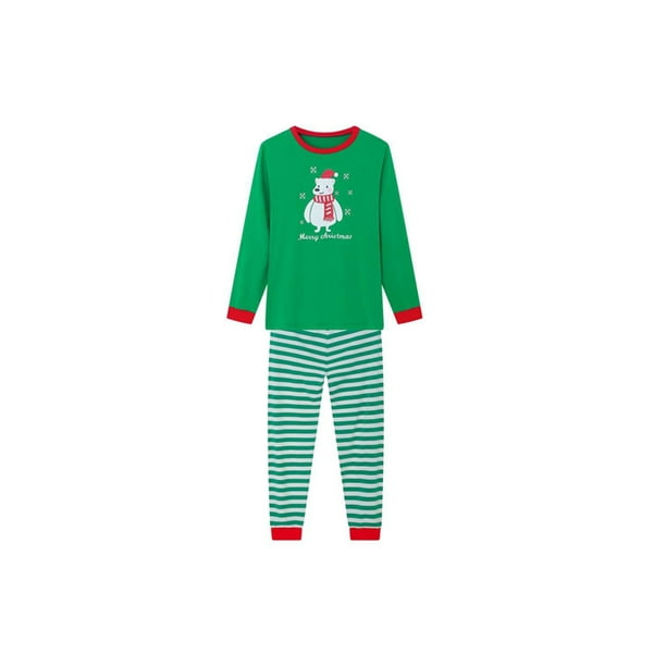2Pcs Family Christmas Pajama Suit, Green O-Neck Long-Sleeves T-Shirt with  Cartoon Printing + Stripes Leisure Pants Set for Women, Men, Kids