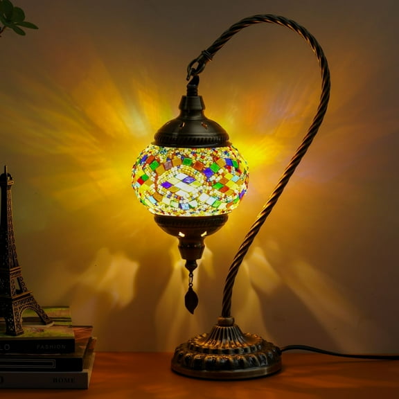 Handmade Turkish Mosaic Table Lamp with Metal Base Moroccan Style Bedside Lamp 3 Colors Swan Neck Inlaid Glass Bedroom and Living Room