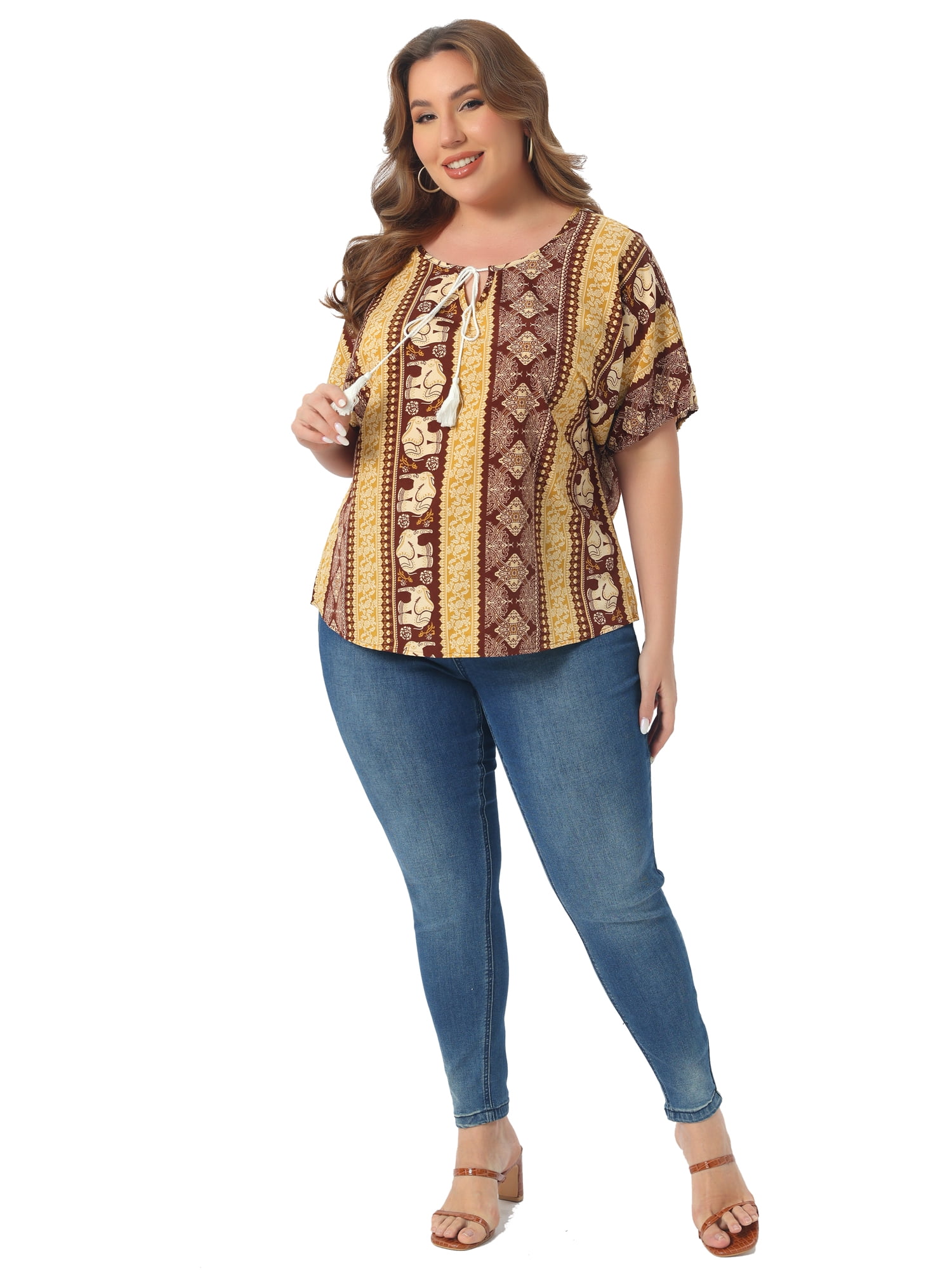 DARING DIVA Women's Plus Boho Tops Floral Tied V Neck Blouse Shirts 2X Brown
