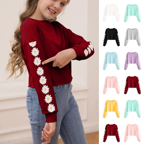 Kids Crop Tops Girls Long Sleeve Tee Shirts Cute Daisy Pinted Fashion Sweatshirt Pullover Top Black 140