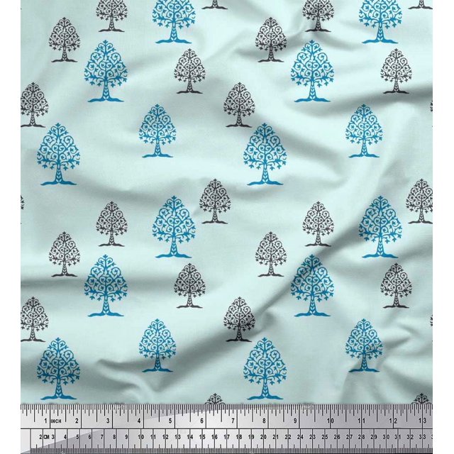 Soimoi Cotton Voile Fabric Tree Block Print Sewing Fabric Yard 42 Inch Wide