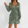 thumbnail image 6 of Ruimatai Women's V-Neck Tie-Waist Ruffled Hem Long Sleeve Dress, Summer Casual Wrap Dress with Puffed Sleeves, Solid Color Elegant Flowy Midi Dress for Outdoor Daily Wear, 6 of 7