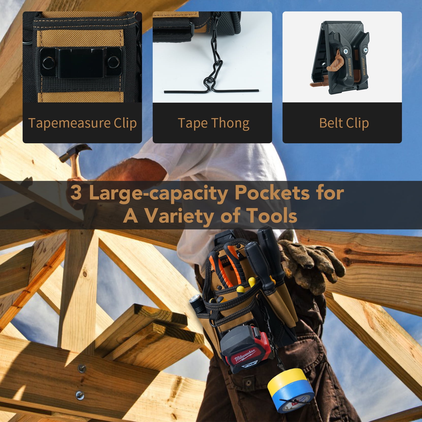 MELOTOUGH Small Electrician Tool Pouch With Belt Clip Attachment - 9 Pockets Tradesman Bag With Tape Thong - Holster for Electricians