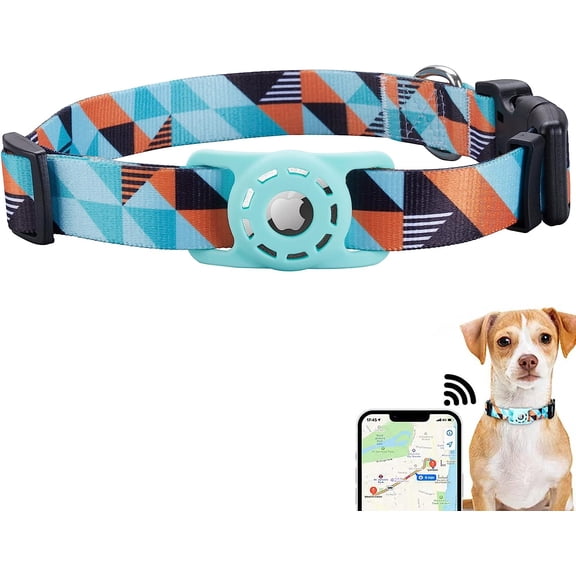 AirTag Dog Collar, Compatible with Apple 2021, Polyester Pet Cat Puppy Collar Silicone Holder for Small, Medium, Large, and Extra Large Dogs, Blue Ethnic, S: 9.8'-15.7' Neck