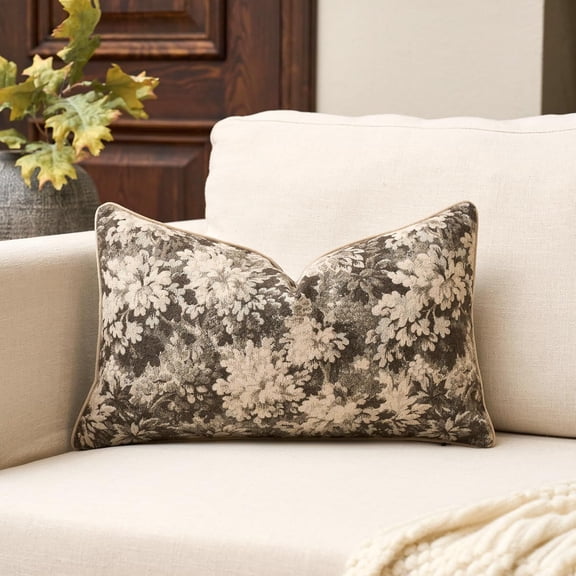 Neutral Floral Pillow Cover 12 x 20 Inches, Chenille Rectangle Throw Pillow Cover Soft Decorative Farmhouse Accent Couch Pillow Cover for Living Room Bedroom, Grey