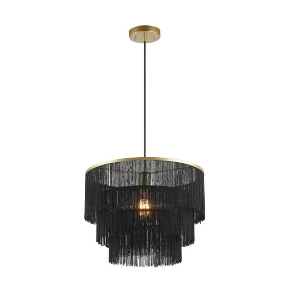 Willow 1-Light Pendant Light, Matte Gold, Black Fabric Fringe Shade, Black Cloth Hanging Cord