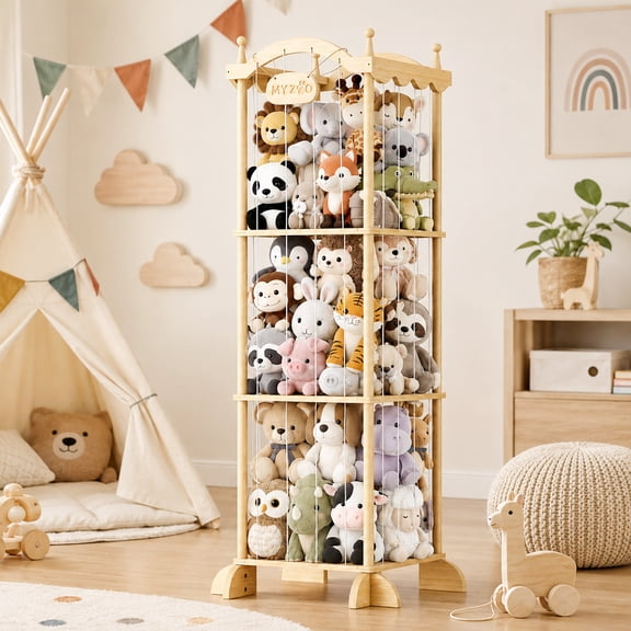 COSYLAND Large Stuffed Animal Storage Organizer for Kids, Wooden Plush Toy Holder with Top Rope Clips, Elastic Cords & Nameplate