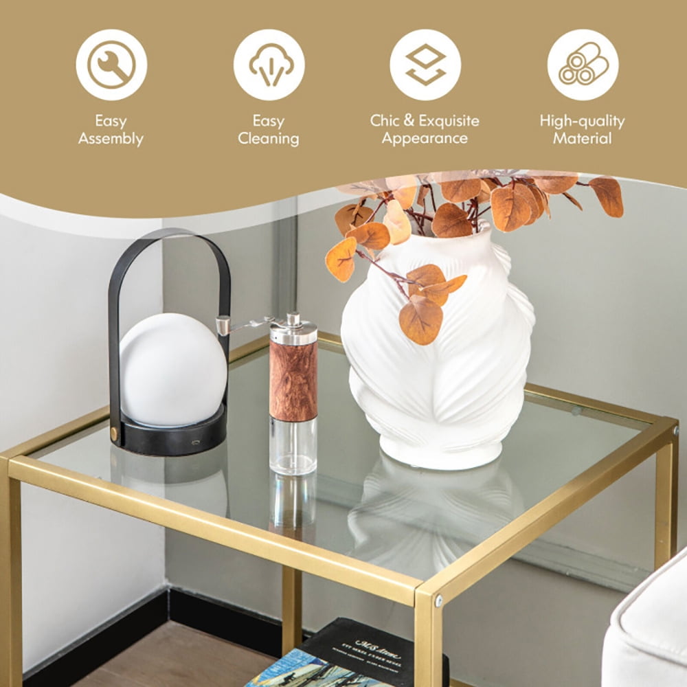 Finihen 22" End Table, 2-Tier Square Sofa Side Table with Tempered Glass Tabletop, Bed Side Table, for Living Room, Bedroom, Bronze Finihen 22" End Table, 2-Tier Square Sofa Side Table with Tempered Glass Tabletop, Bed Side Table, for Living Room, Bedroom, Bronze